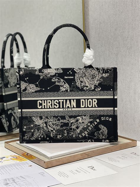 Small Dior Book Tote Latte and Black Dior Zodiac Embroidery 